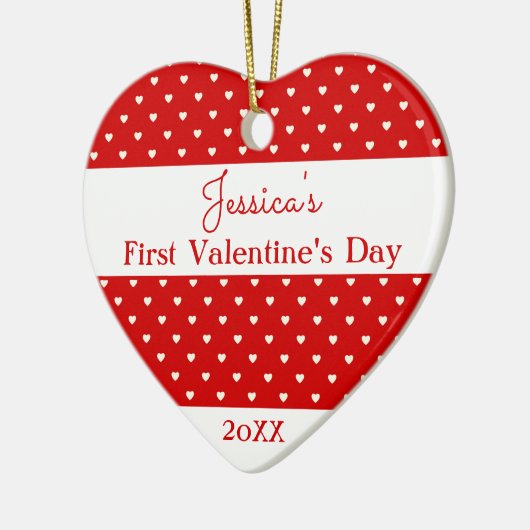 かわいい赤い白の水玉模様ハートバレンタインフォト セラミックオーナメント (左)