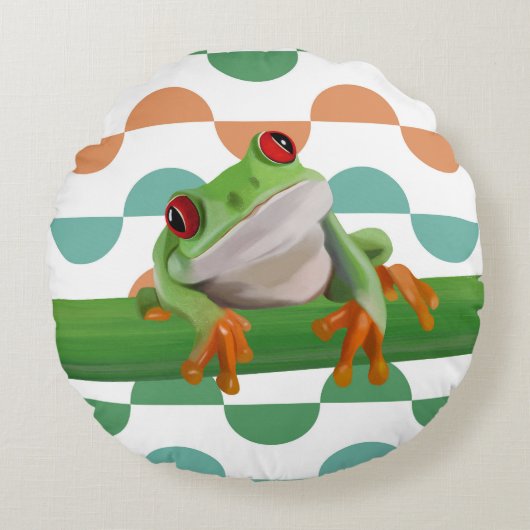 かわいい赤い目のツリーカエル幾何カラフル物 ラウンドクッション (正面)