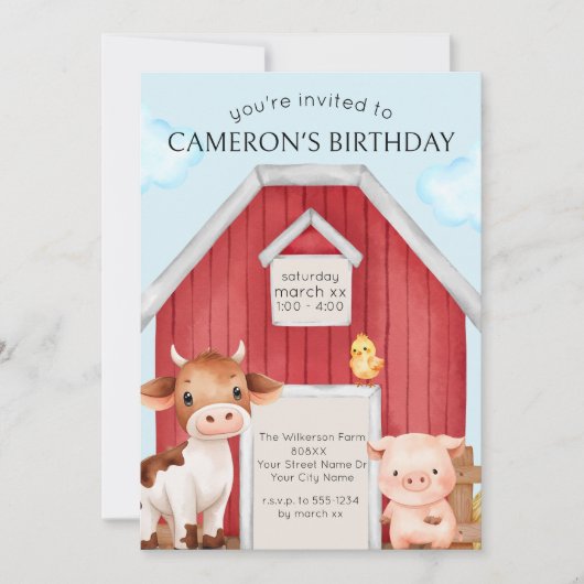 かわいい赤い納屋と家畜 招待状 (正面)
