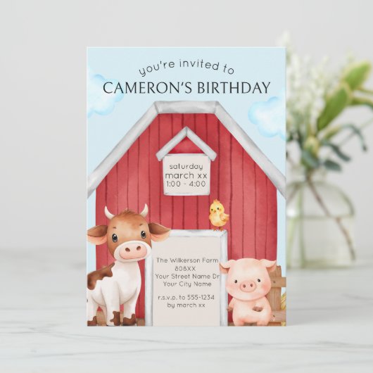 かわいい赤い納屋と家畜 招待状 (スタンド正面)
