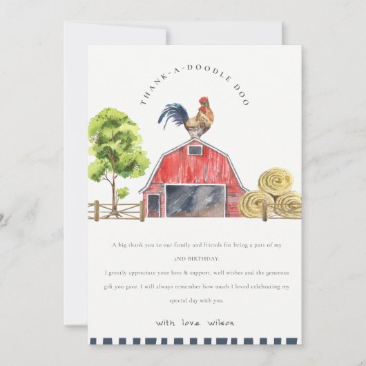 かわいい赤い納屋のひよこ農場水彩誕生日 サンキューカード (正面)