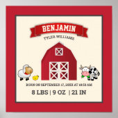 かわいい赤い納屋の農場動物の赤ちゃん誕生統計 ポスター (正面)