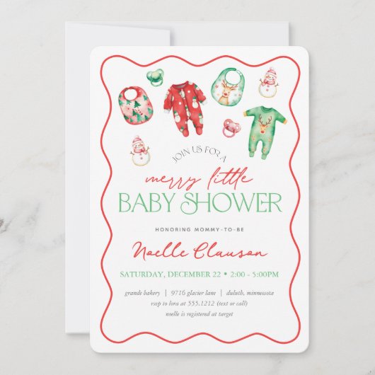 かわいい赤い緑のメリー小さなクリスマスベビーシャワー 招待状 (正面)