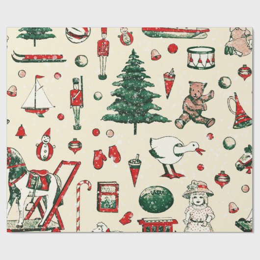 かわいい赤い緑のヴィンテージおもちゃ馬クリスマスツリー ラッピングペーパー (フラット)