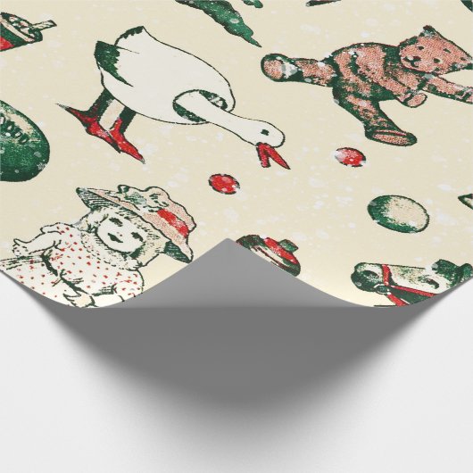 かわいい赤い緑のヴィンテージおもちゃ馬クリスマスツリー ラッピングペーパー (角)