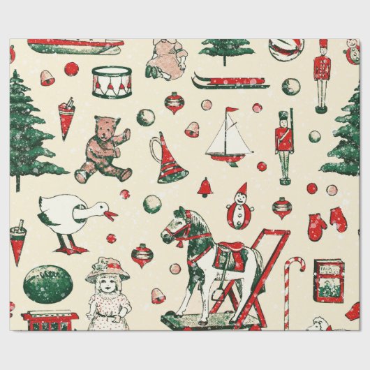 かわいい赤い緑のヴィンテージおもちゃ馬クリスマスツリー ラッピングペーパー (シーム)