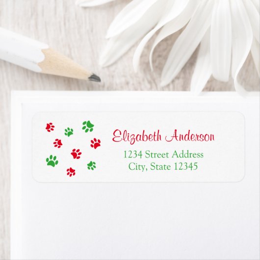 かわいい赤い緑の前足プリントクリスマス差出人住所 ラベル (インサイチュ)