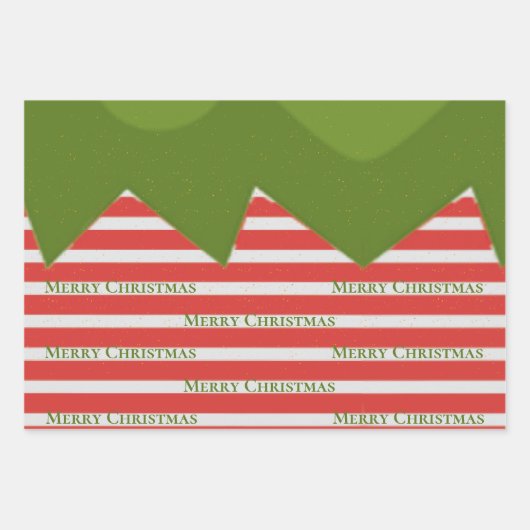 かわいい赤い緑の小妖精や小人の衣装ストライプのクリスマス ラッピングペーパーシート (正面)