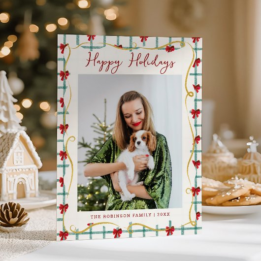 かわいい赤い緑の弓パターン幸せな休日1写真 シーズンカード