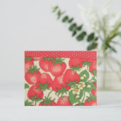 かわいい赤い緑の水玉模様イチゴ果実 ポストカード (スタンド正面)