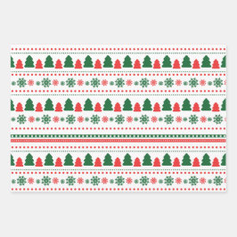 かわいい赤い緑の雪の結晶クリスマスパターン ラッピングペーパーシート