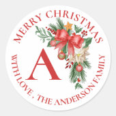 かわいい赤い花の果実モノグラムメリークリスマス ラウンドシール (正面)