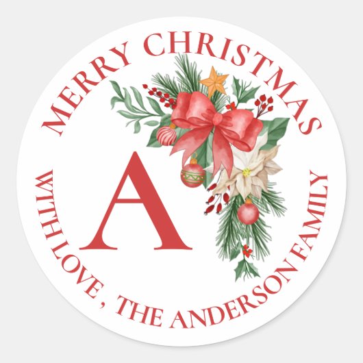 かわいい赤い花の果実モノグラムメリークリスマス ラウンドシール (正面)