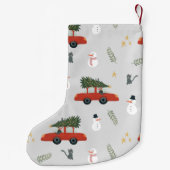 かわいい赤い車と雪だるまウィンターホリデーツリーキッズ スモールクリスマスストッキング (裏面)