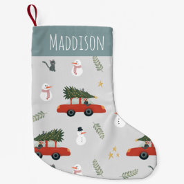 かわいい赤い車と雪だるまウィンターホリデーツリーキッズ スモールクリスマスストッキング