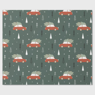 かわいい赤い車のクリスマスツリー冬のパターン ラッピングペーパー
