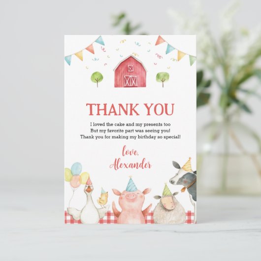 かわいい赤い農園動物と納屋の誕生日パーティー サンキューカード (スタンド正面)