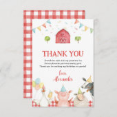 かわいい赤い農園動物と納屋の誕生日パーティー サンキューカード (正面/裏面)