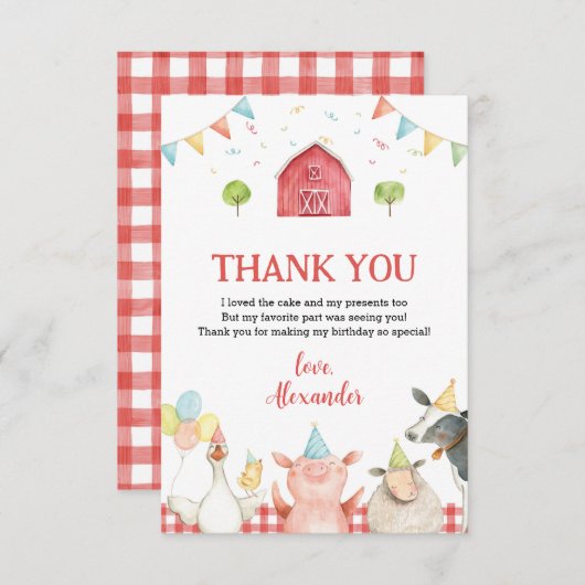 かわいい赤い農園動物と納屋の誕生日パーティー サンキューカード (正面/裏面)