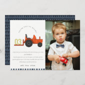 かわいい赤い錆びた農場トラクターの子供写真誕生日 サンキューカード (正面/裏面)