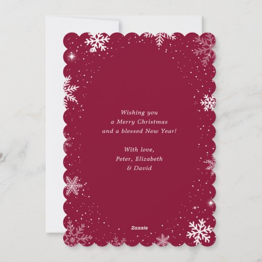 かわいい赤い雪のフォトホリデー シーズンカード (裏面)