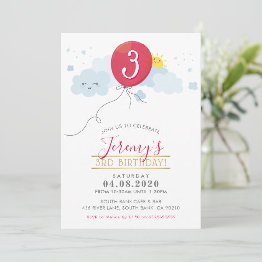 かわいい赤い風船の雲 子供の誕生日パーティー招待 招待状 (スタンド正面)