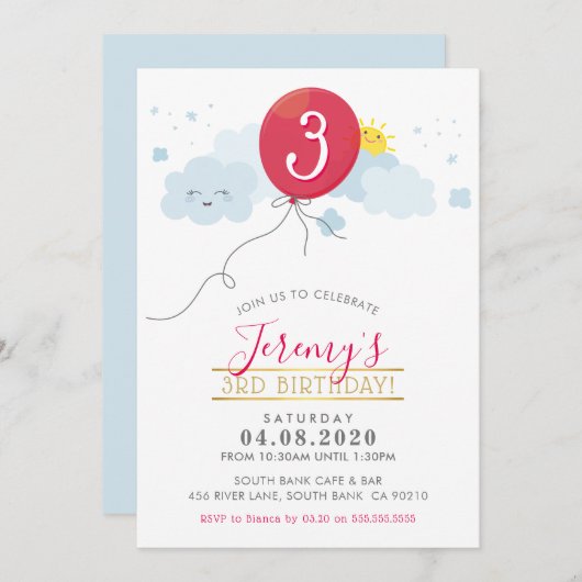 かわいい赤い風船の雲 子供の誕生日パーティー招待 招待状 (正面/裏面)