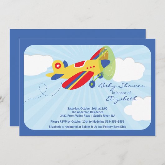 かわいい赤い飛行機のボーイベビーシャワー招待状 招待状 (正面/裏面)