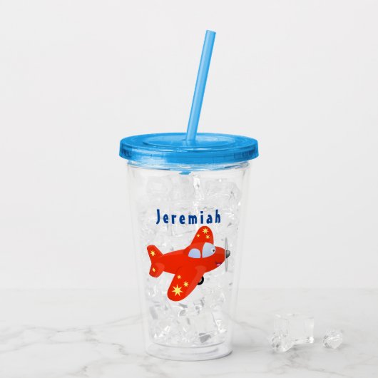 かわいい赤い飛行機飛んでいる漫画イラストレーション アクリルタンブラー (アイス裏面)