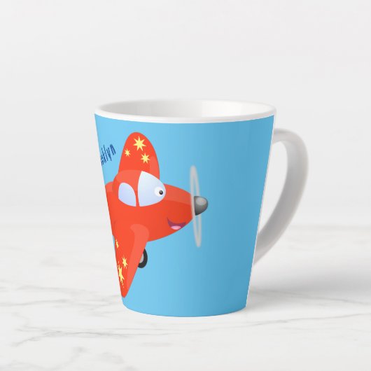 かわいい赤い飛行機飛んでいる漫画イラストレーション カフェラテマグ (右アングル)