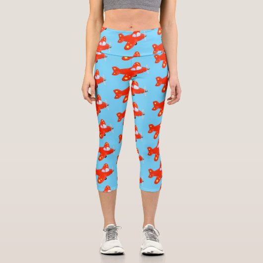 かわいい赤い飛行機飛んでいる漫画イラストレーション カプリレギンス (正面)