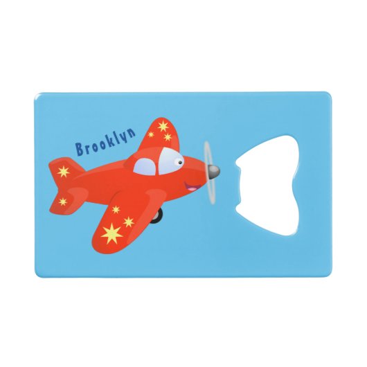 かわいい赤い飛行機飛んでいる漫画イラストレーション クレジットカード栓抜き (正面(横))