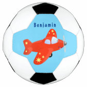 かわいい赤い飛行機飛んでいる漫画イラストレーション サッカーボール (正面)