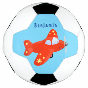 かわいい赤い飛行機飛んでいる漫画イラストレーション サッカーボール