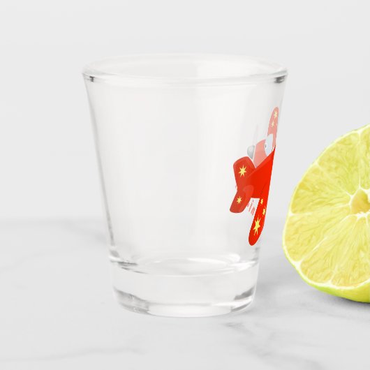 かわいい赤い飛行機飛んでいる漫画イラストレーション ショットグラス (左)