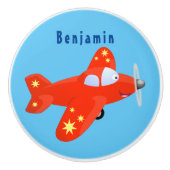 かわいい赤い飛行機飛んでいる漫画イラストレーション セラミックノブ (正面)