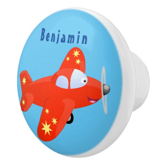 かわいい赤い飛行機飛んでいる漫画イラストレーション セラミックノブ (右)