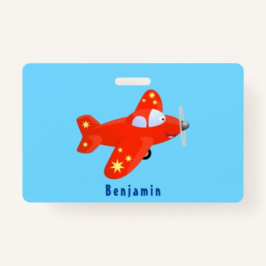 かわいい赤い飛行機飛んでいる漫画イラストレーション バッジ (正面)