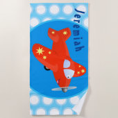 かわいい赤い飛行機飛んでいる漫画イラストレーション ビーチタオル (正面)