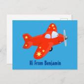 かわいい赤い飛行機飛んでいる漫画イラストレーション ポストカード (正面/裏面)