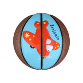 かわいい赤い飛行機飛んでいる漫画イラストレーション ミニバスケットボール (縦)