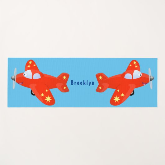 かわいい赤い飛行機飛んでいる漫画イラストレーション ヨガマット (正面(横))