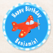 かわいい赤い飛行機飛んでいる漫画イラストレーション ラウンドペーパーコースター (正面)