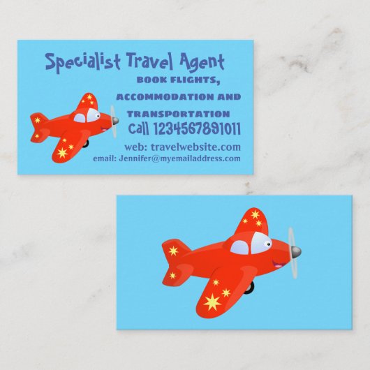 かわいい赤い飛行機飛んでいる漫画イラストレーション 名刺 (正面/裏面)