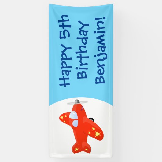 かわいい赤い飛行機飛んでいる漫画イラストレーション 横断幕 (縦)