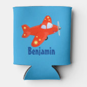 かわいい赤い飛行機飛んでいる漫画イラストレーション 缶クーラー (正面)