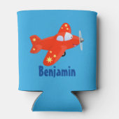 かわいい赤い飛行機飛んでいる漫画イラストレーション 缶クーラー (裏面)