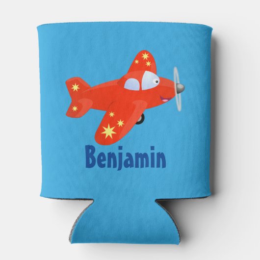 かわいい赤い飛行機飛んでいる漫画イラストレーション 缶クーラー (裏面)