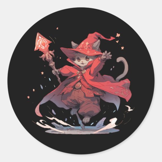 かわいい赤い魔法使い猫ヒーロー ラウンドシール (正面)