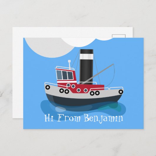 かわいい赤い魚釣りトラウラーボート漫画イラストレーション ポストカード (正面/裏面)